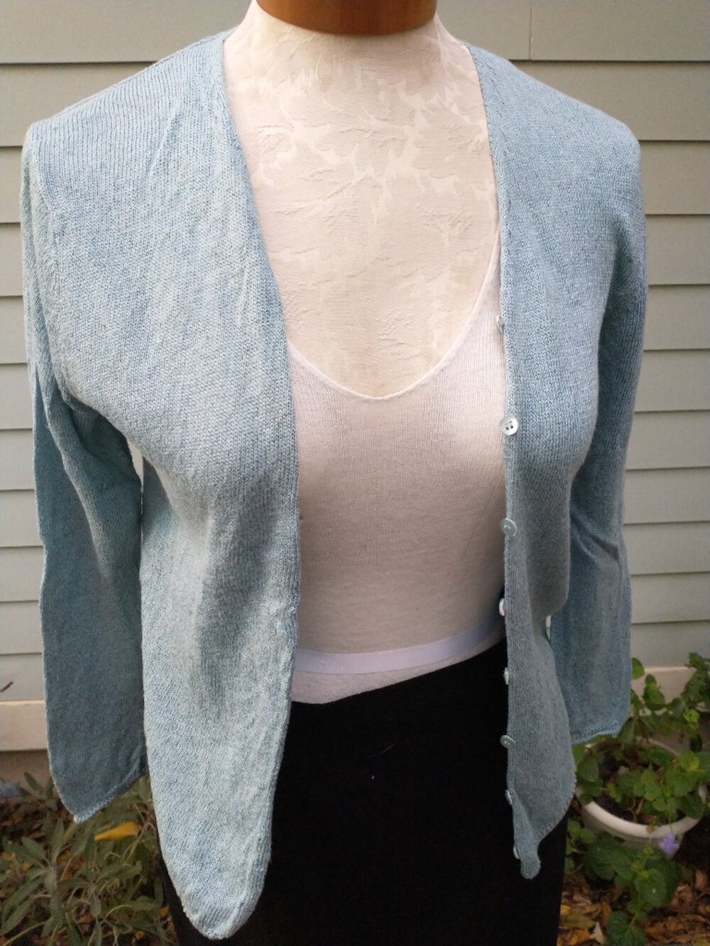 Cardigan: linen/cotton/viscose, light steel blue. Size small - by Eileen Fisher
